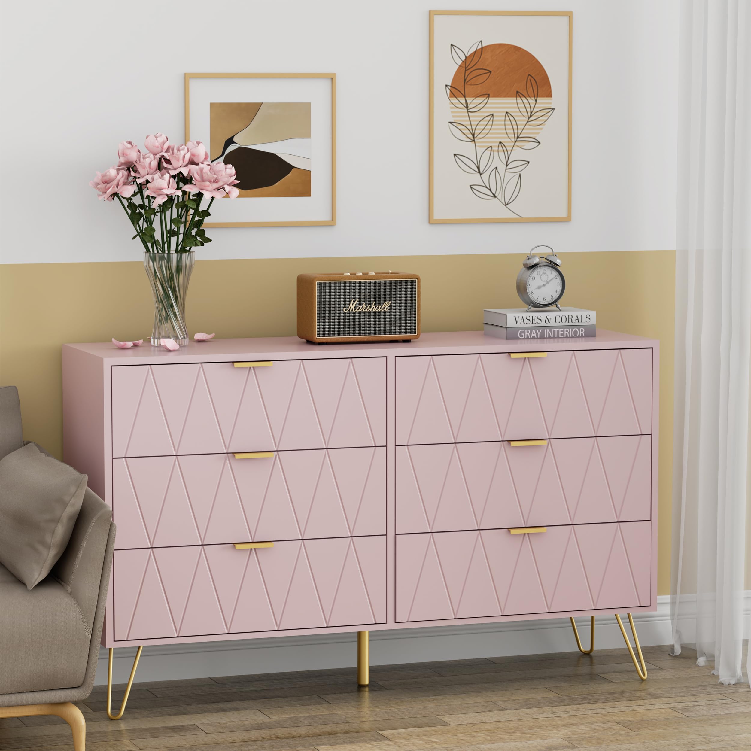 6 Drawer Dresser with Wide Drawers and Metal Handles
