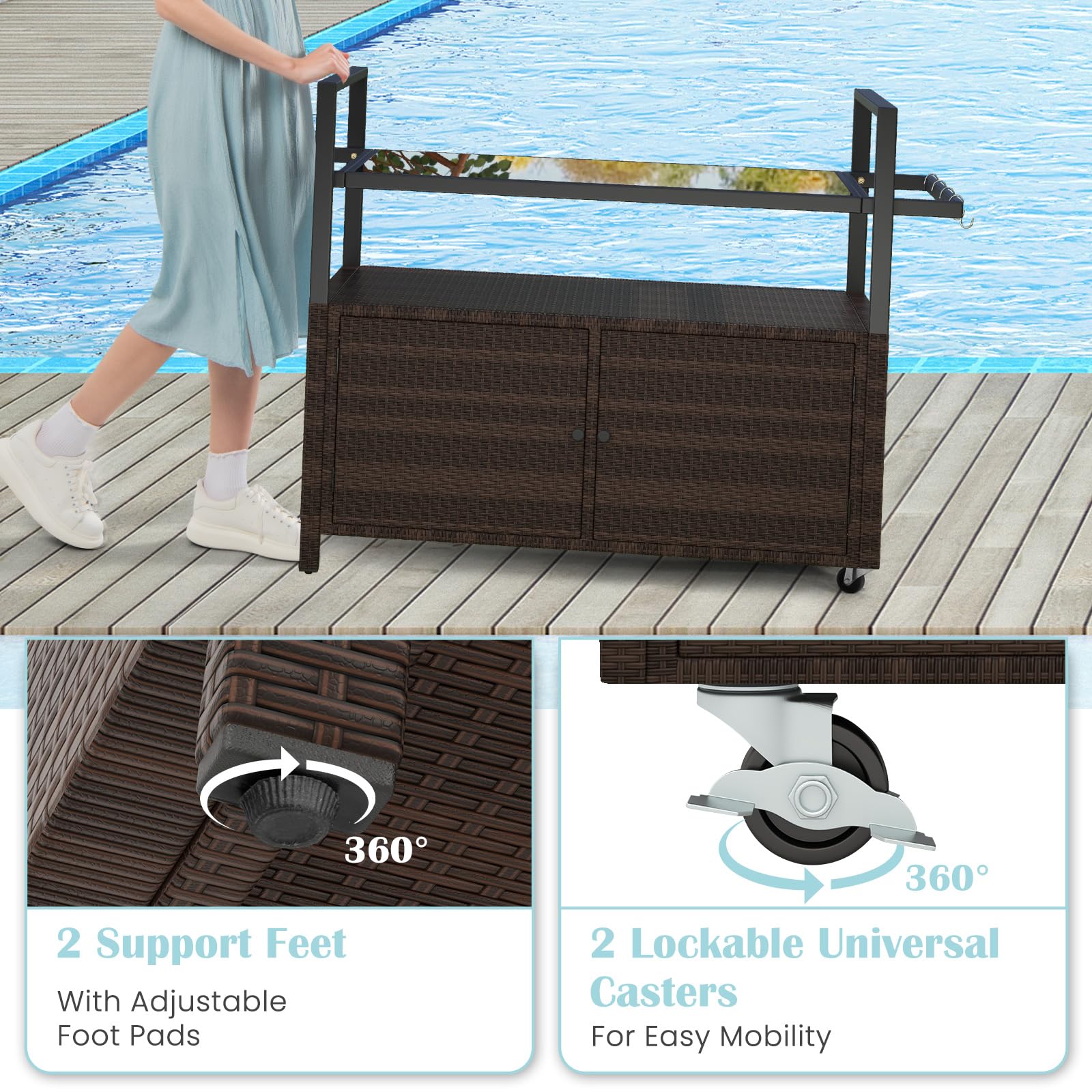 Outdoor Rolling Bar Cart with Tempered Glass Top