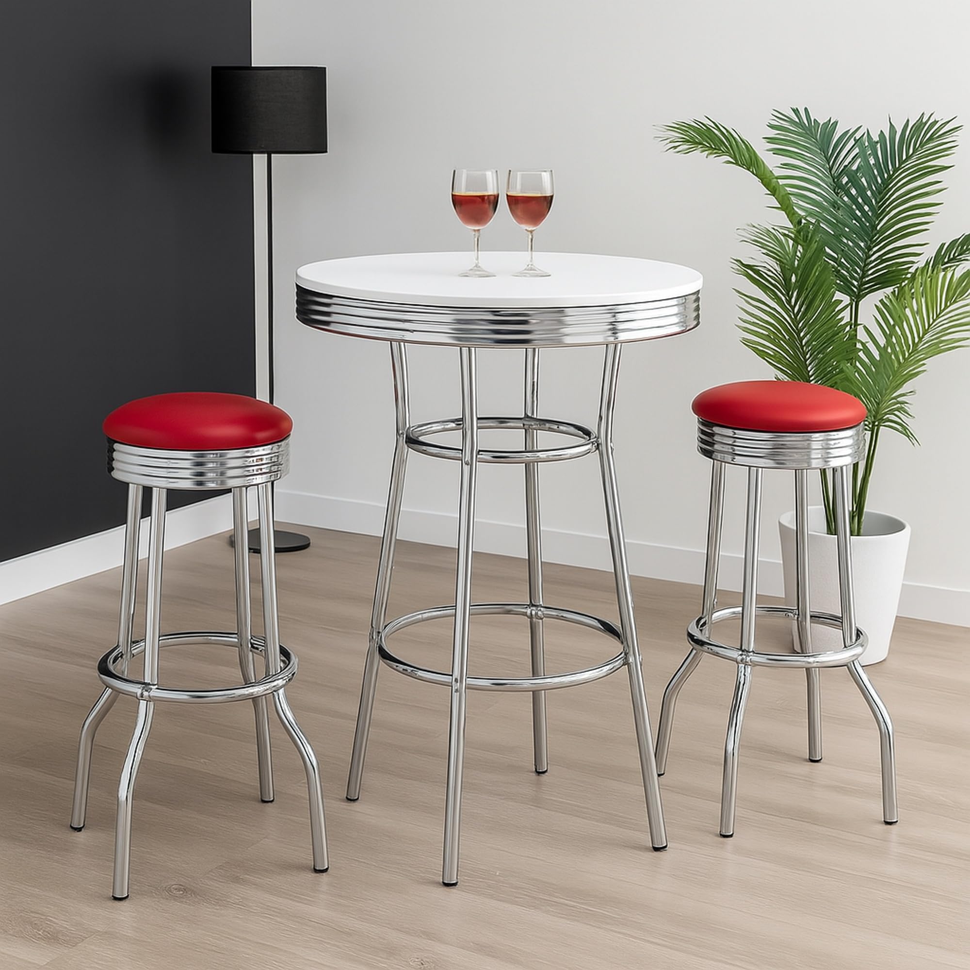 Retro Chrome 3-Piece Pub Bar Set with Swivel Stools