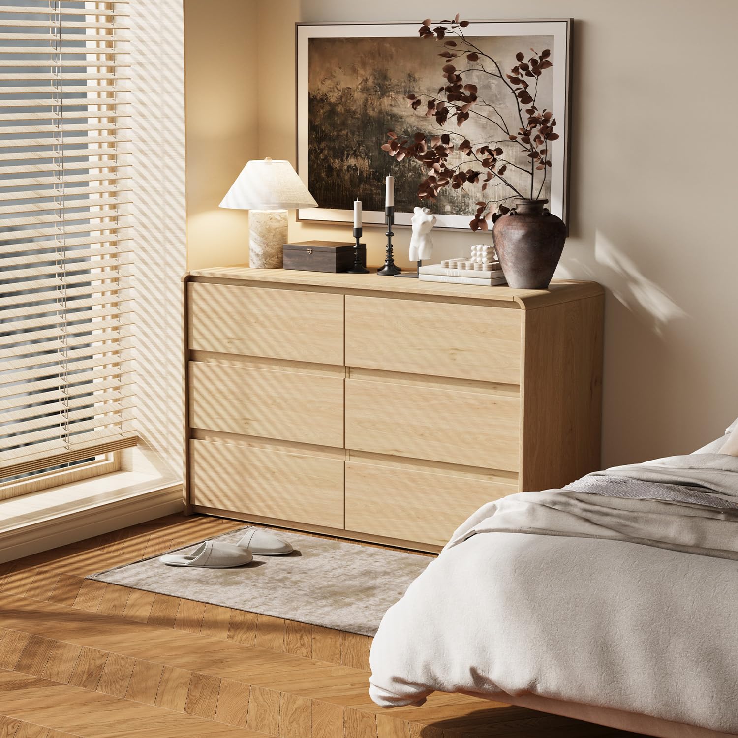 6 Drawer Dresser with Curved Edge Design 47 Inch Wide