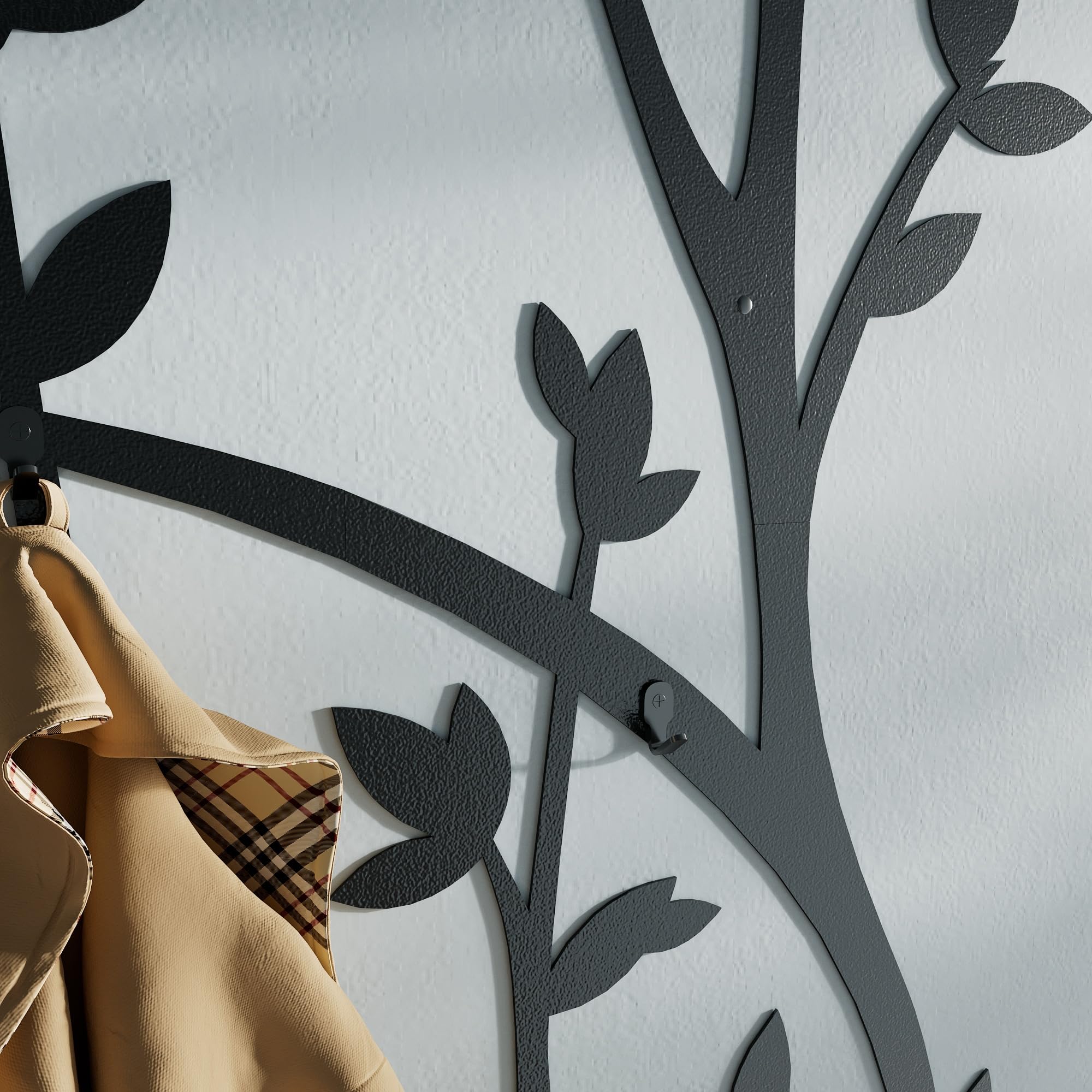 Wall Mounted Coat Rack - Black Metal Tree Style with 6 Hooks