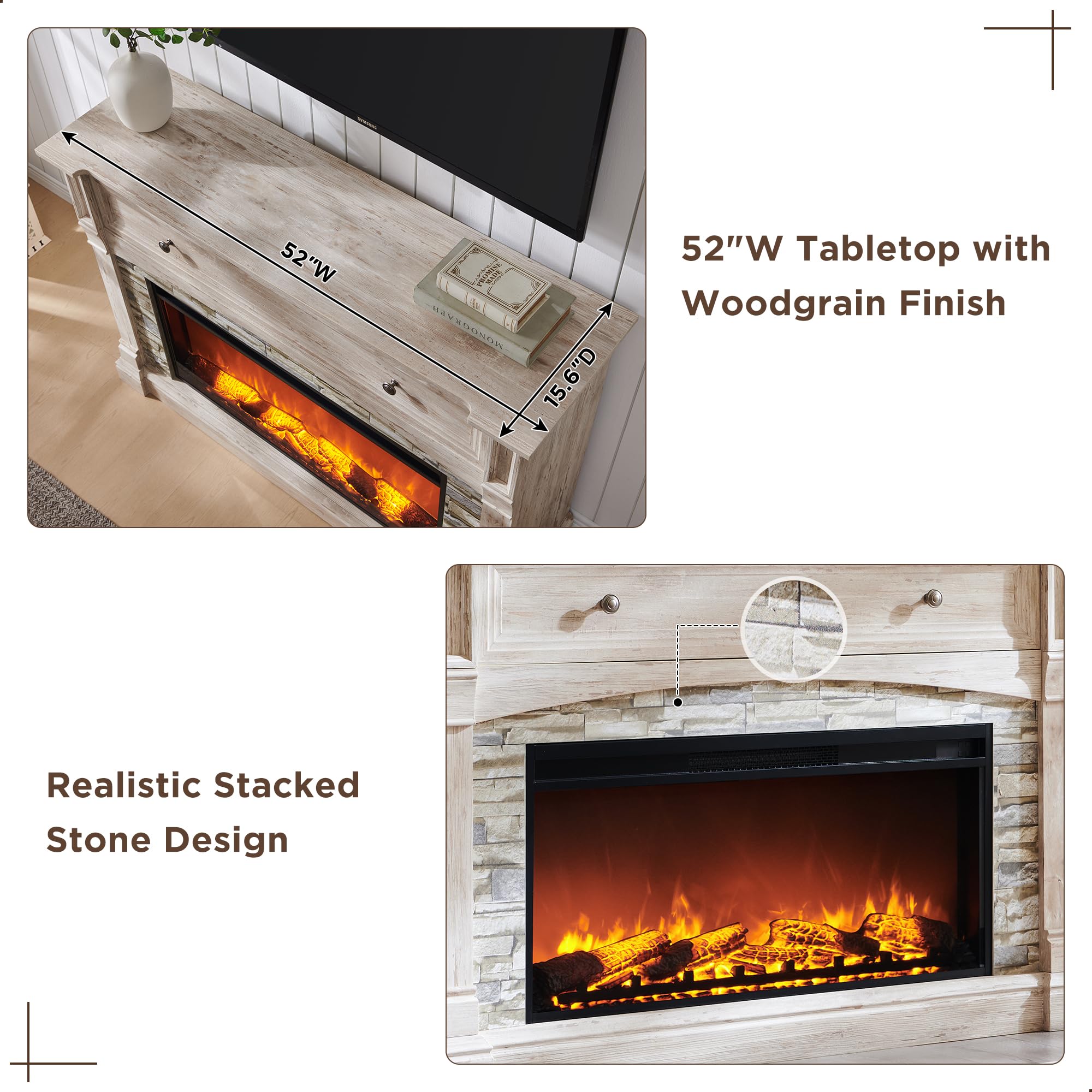 52" Electric Fireplace TV Stand with Mantel and Storage