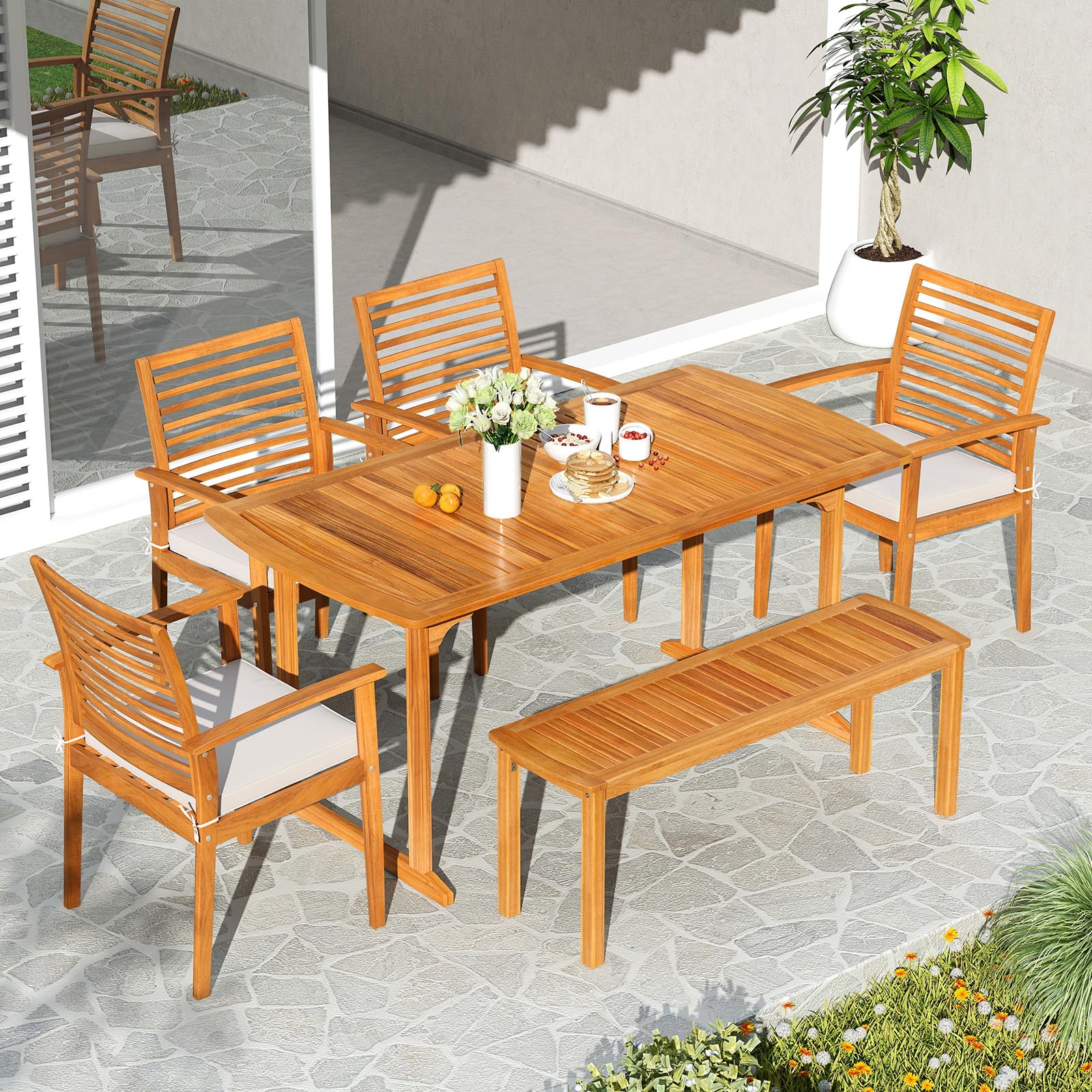 6-Piece Outdoor Acacia Wood Dining Set with Cushioned Chairs and Bench