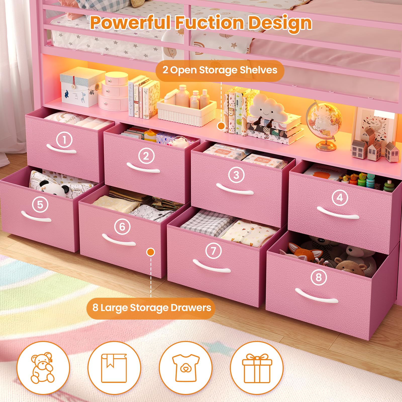 BTHFST Twin Size Loft Bed for Kids, 8 Storage Drawers & LED Lights, House Shaped Metal Bed with Bookcase, Soft Foam Ladder, 13.4" Safety Guardrail, Space Saving, Fun Curtain