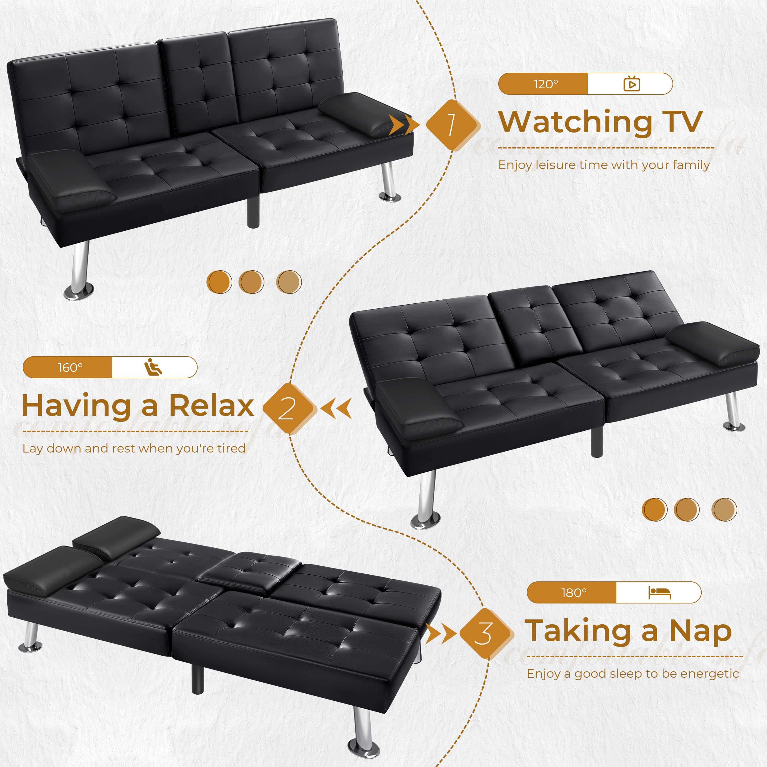 Convertible Futon Sofa Bed with Cup Holders - Faux Leather Recliner Couch