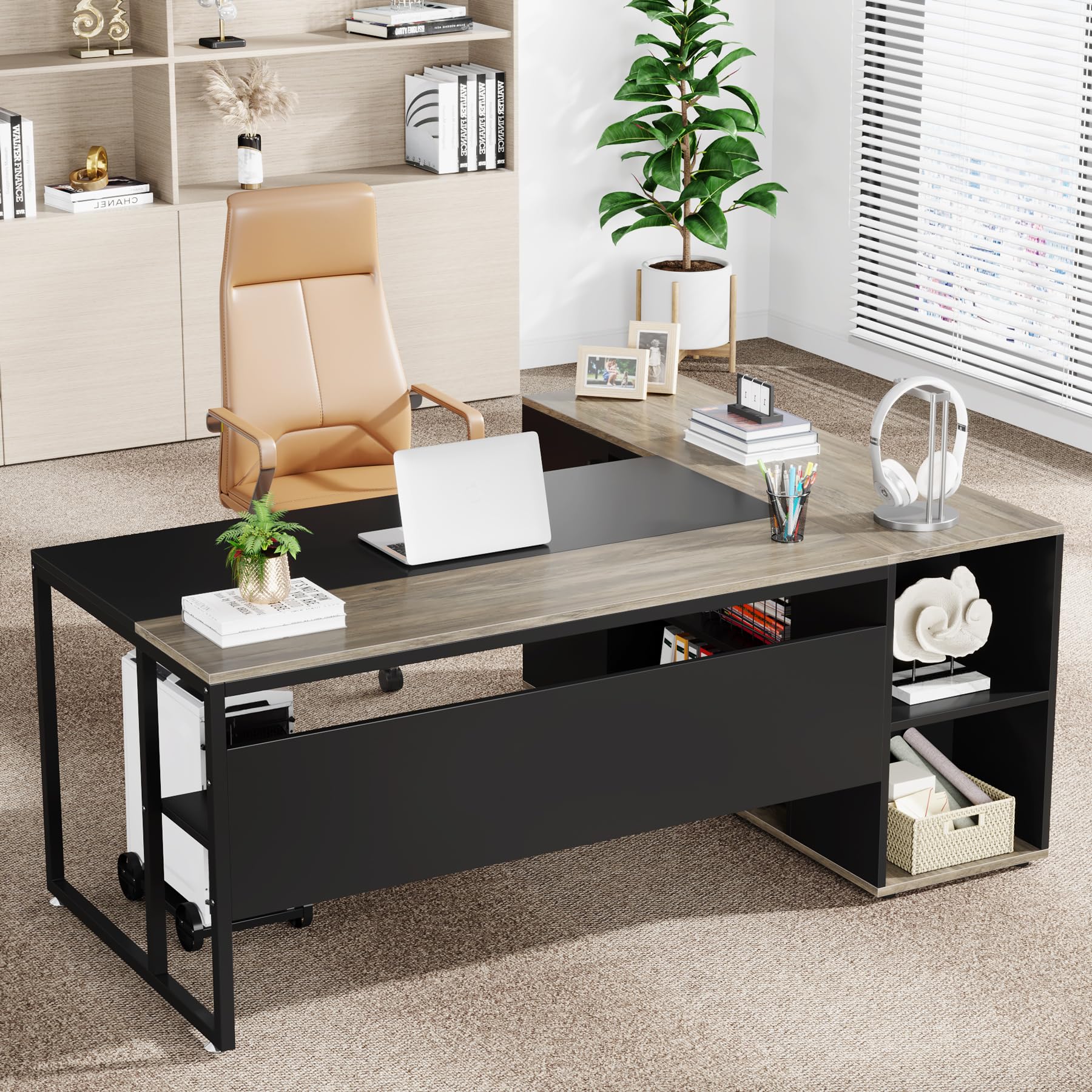 71 Inch L-Shaped Executive Desk with Cabinet Storage