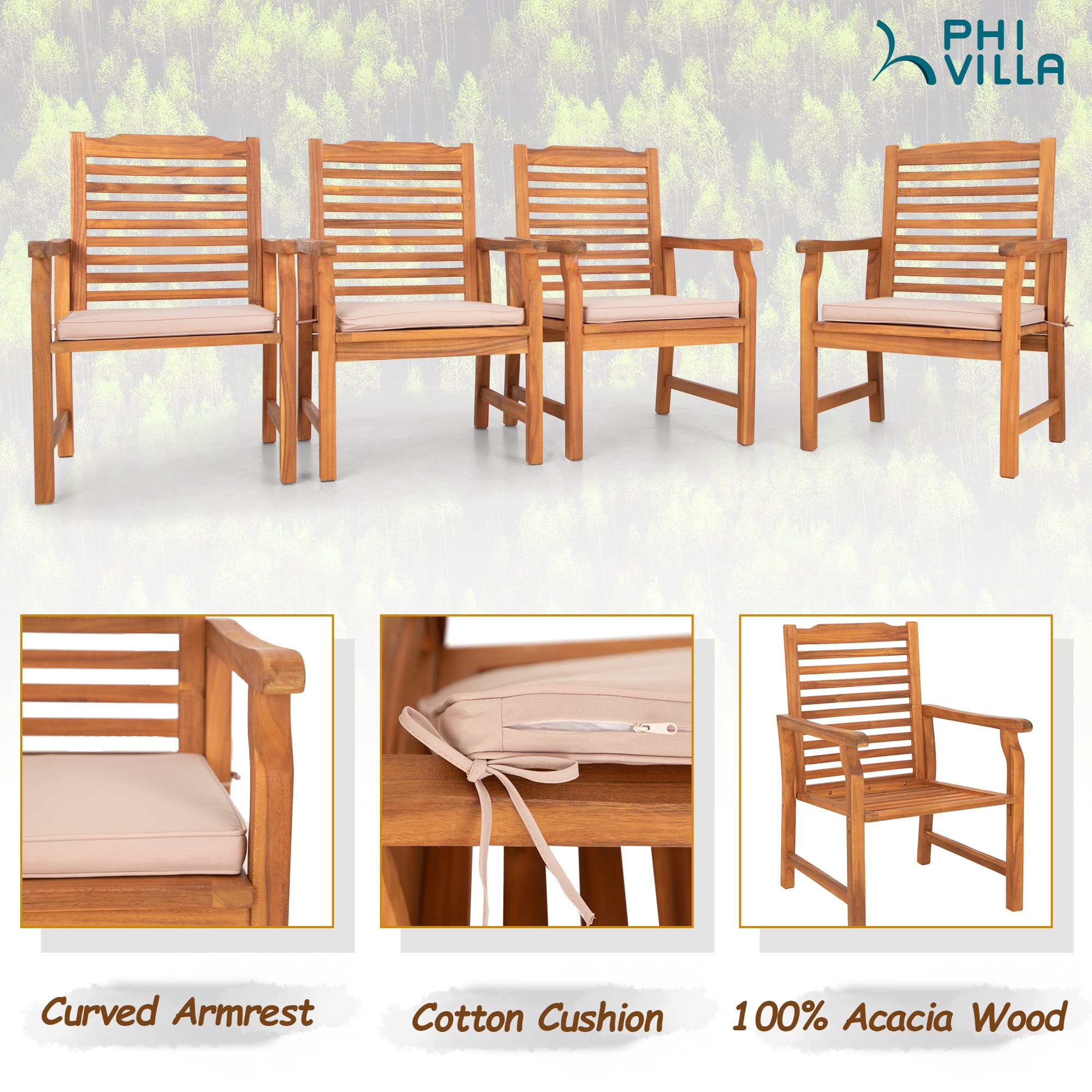 PHI VILLA 9 Pieces Acacia Wood Patio Dining Set for 8, Expandable Teak Dining Table & Wooden Chairs with Cushions, Farmhouse Dining Furniture Set for Outdoor Deck, Yard, Porch