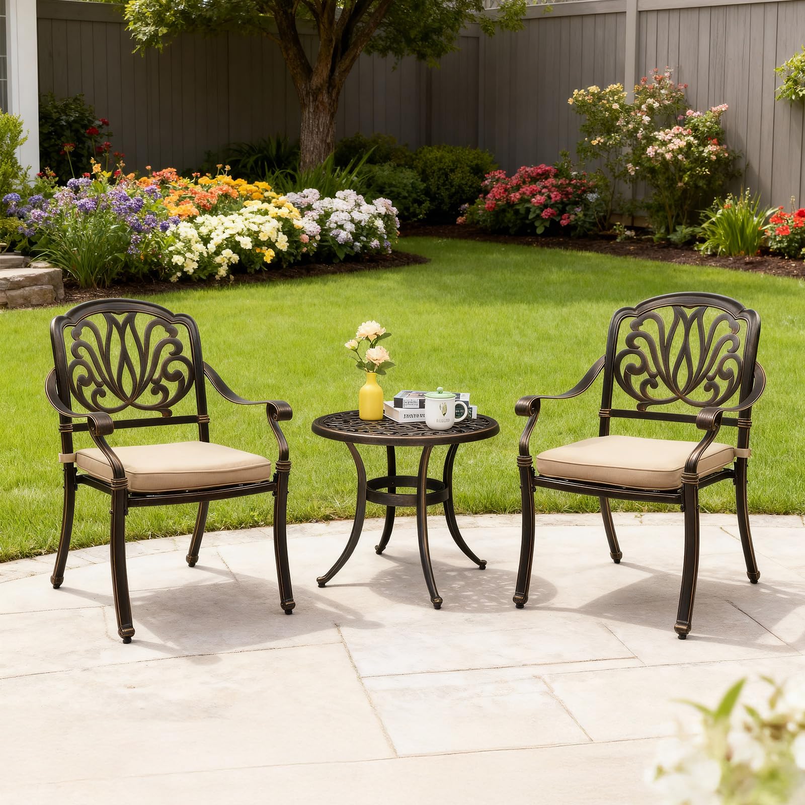 VINGLI 3 Piece Outdoor Bistro Set, Cast Aluminum Patio Table and 2 Chairs Set for Patio Balcony Garden, All Weather Outdoor Furniture Set with Stackable Chairs and Small Round Table