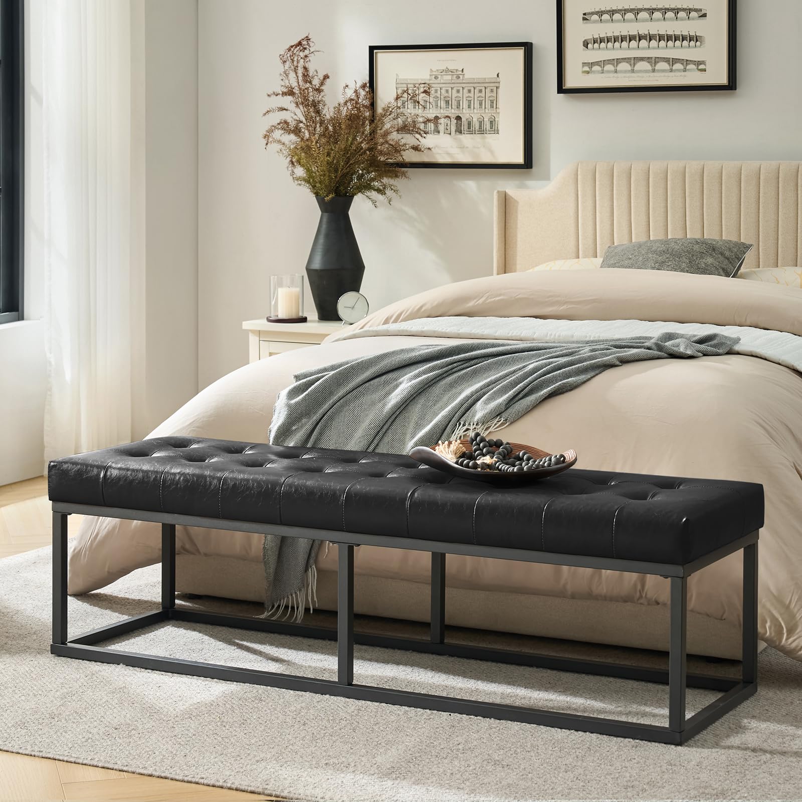 61" Faux Leather Bench with Metal Base