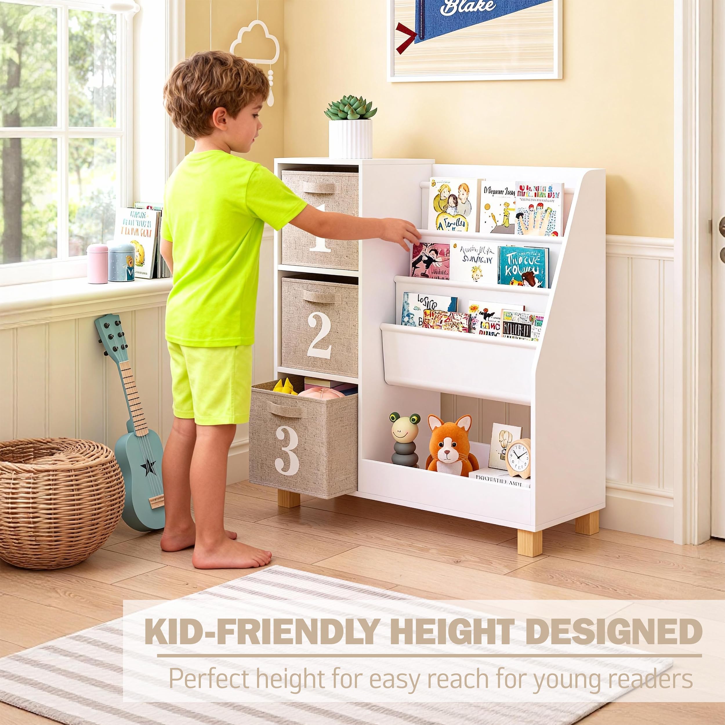 Kids Bookshelf with Storage Bins - 3-Tier Montessori Book Display