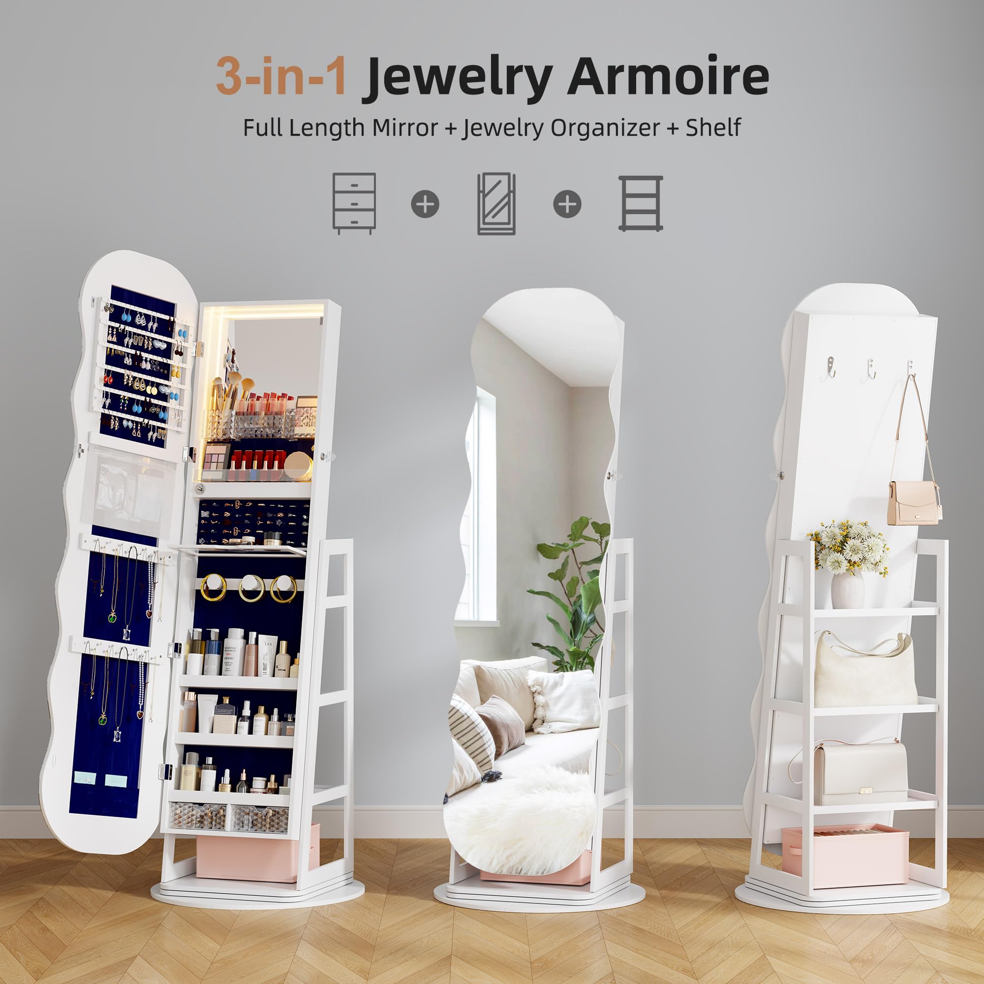 360° Swivel Jewelry Cabinet with LED Lights and Full Length Mirror