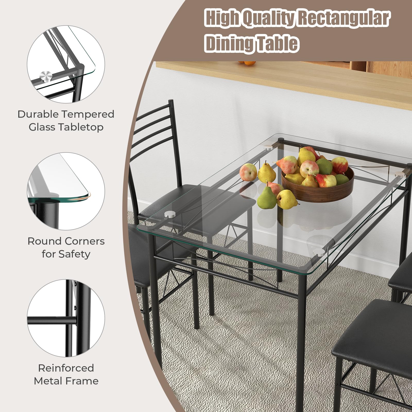 5 Piece Dining Table Set with Tempered Glass Top