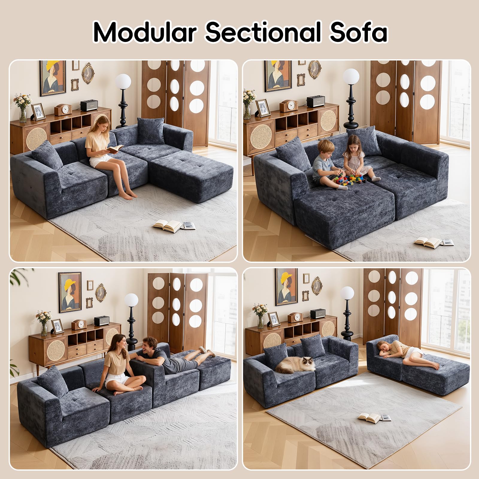 Cloud Modular Sectional Sofa - 108" L-Shaped Velvet Couch with Chaise