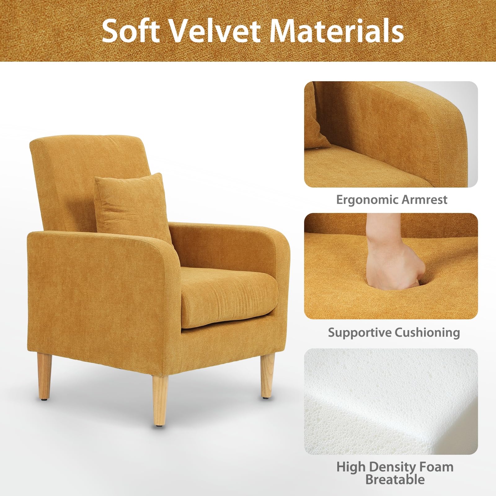 Upholstered Accent Chair with Pillow and Wooden Legs