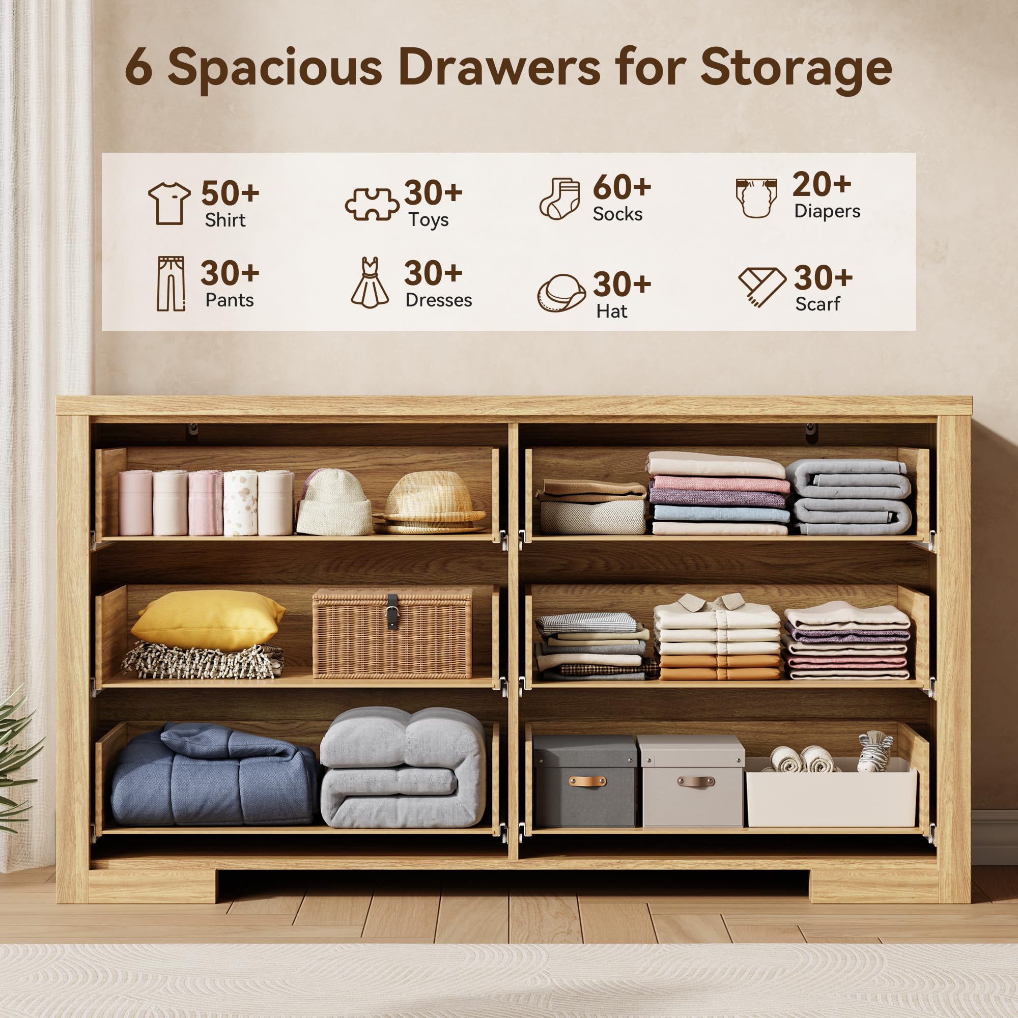 Fluted 6-Drawer Dresser 54 Inch Natural Oak