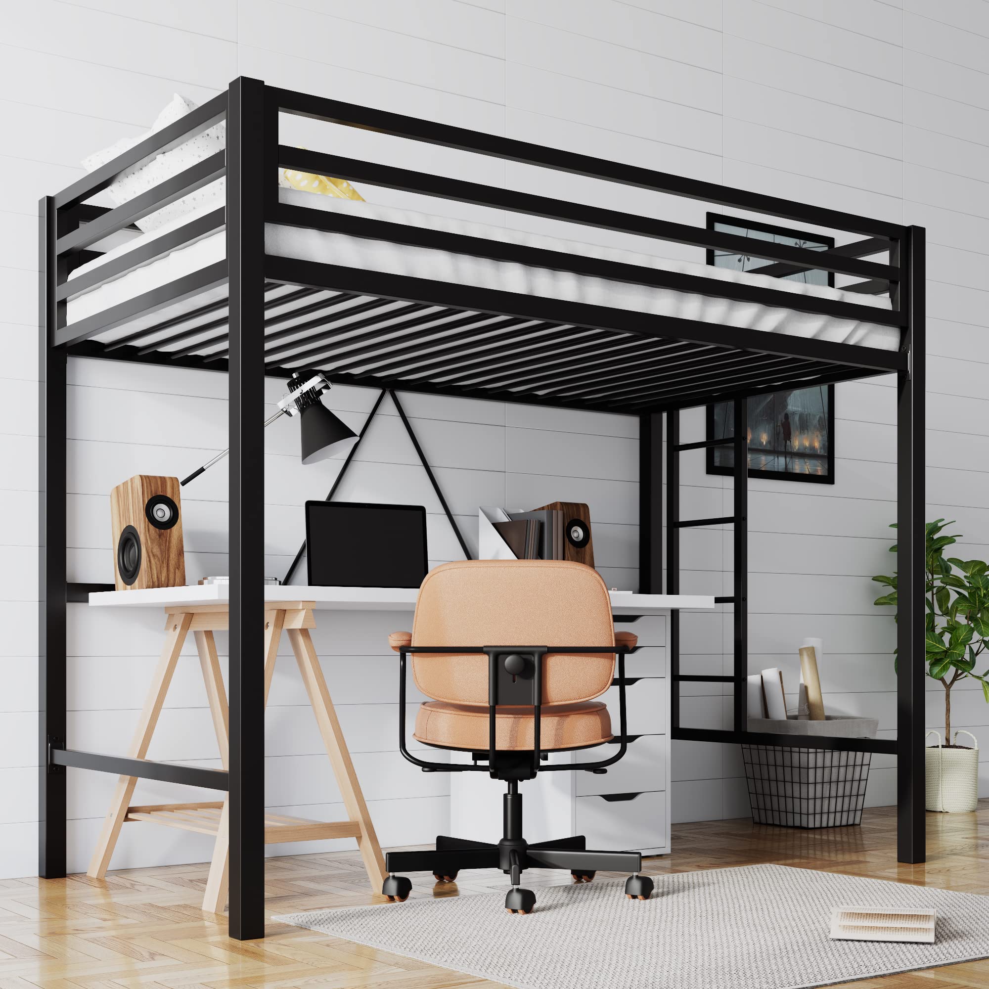 Twin Loft Bed with Ladder and Guardrail - Black Metal Frame