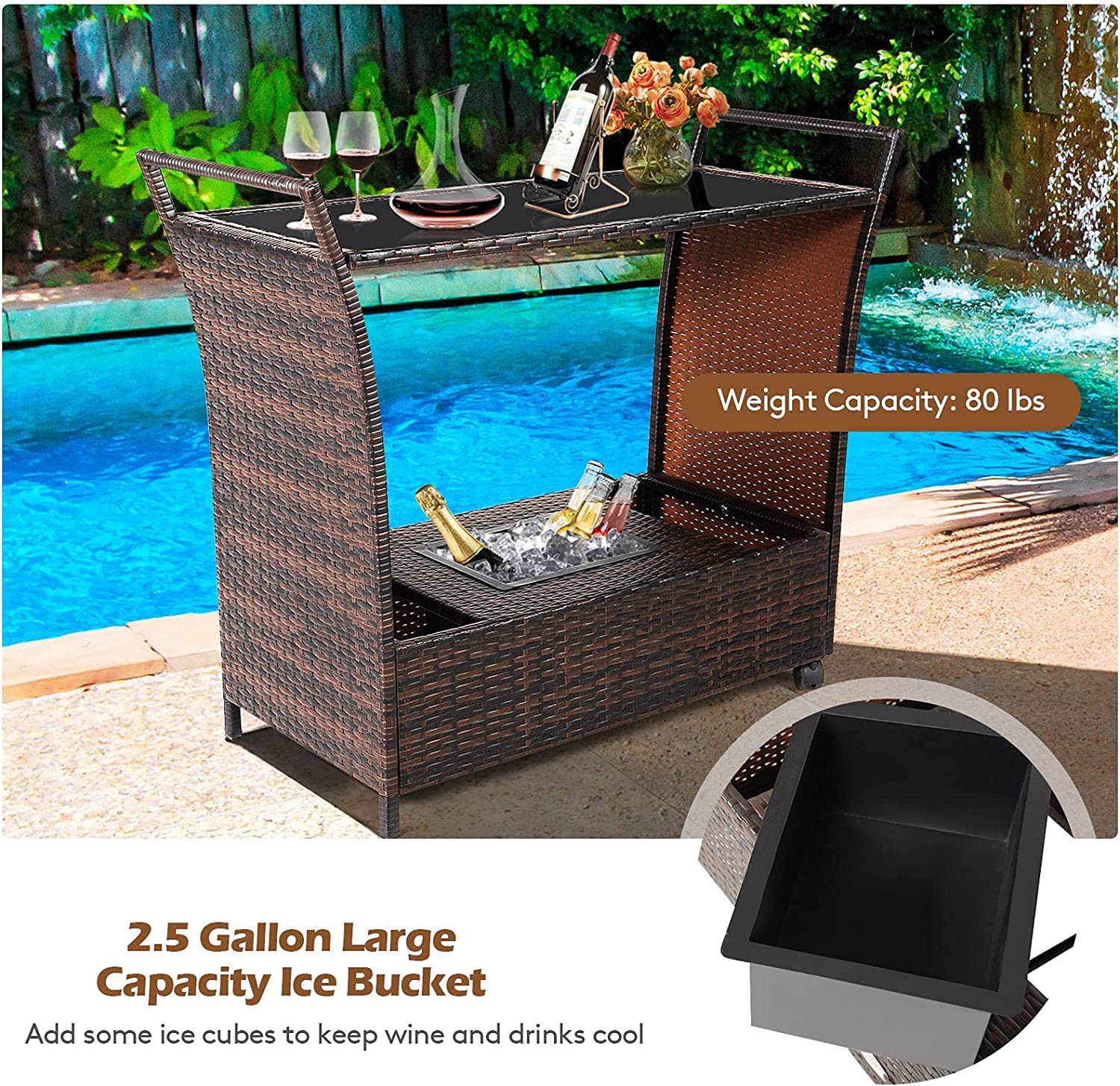 Outdoor Wicker Bar Cart with Ice Bucket