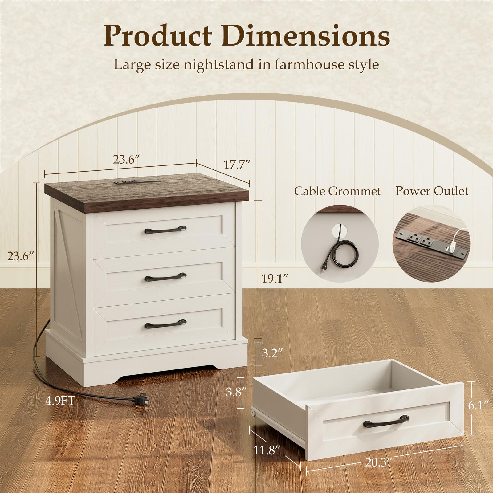 Farmhouse Nightstand with Charging Station and 3 Drawers