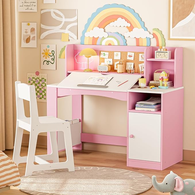Kids Study Desk and Chair Set with Hutch Storage