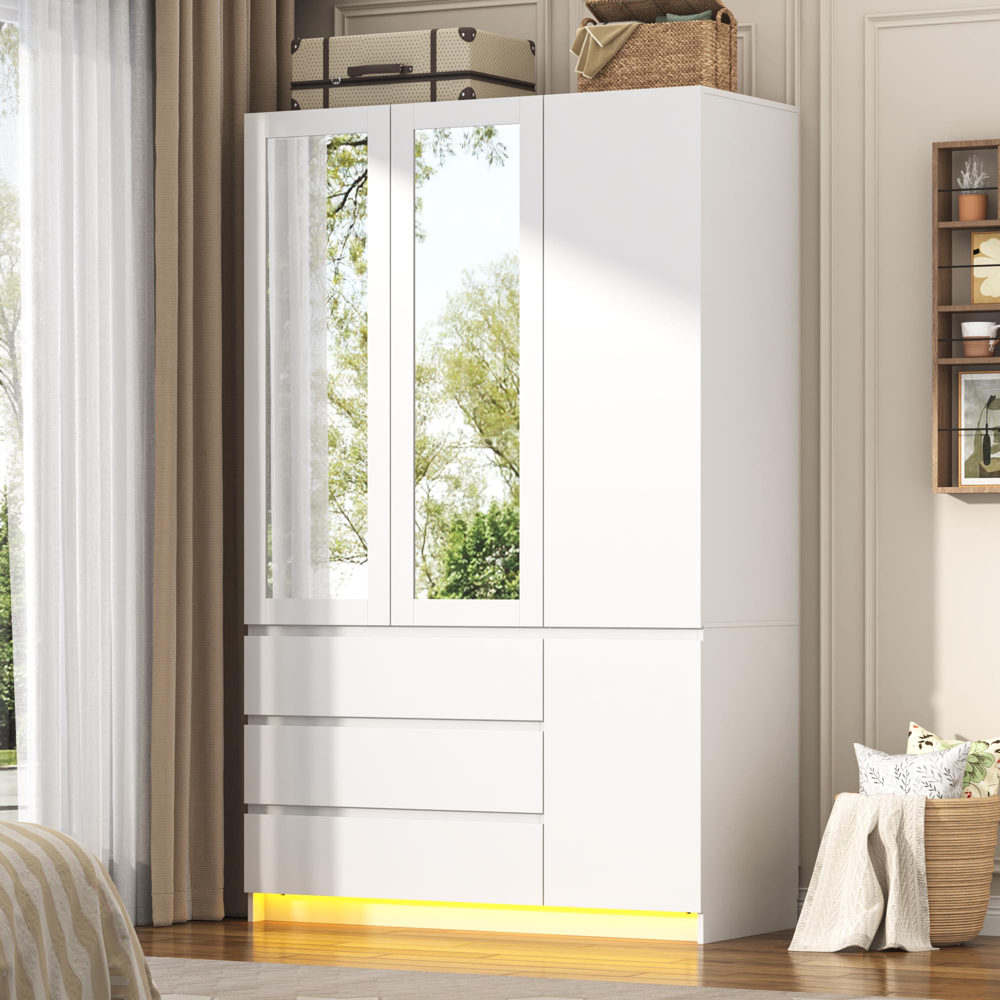 3-Door Armoire Wardrobe with Mirror and LED Lights