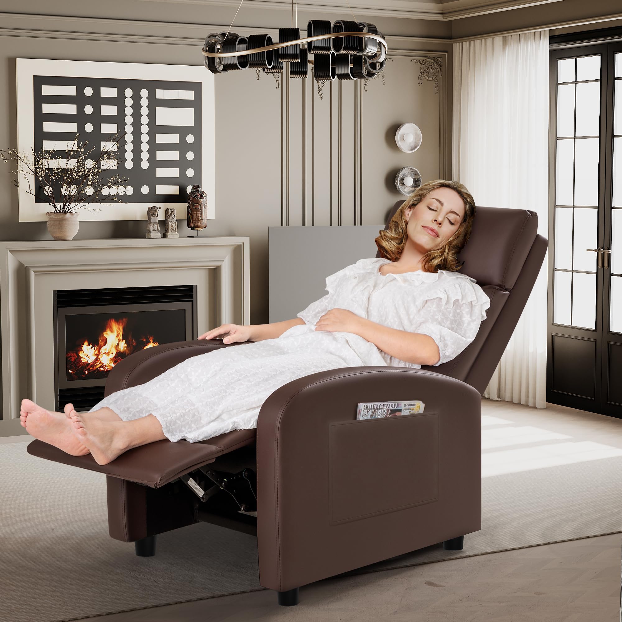 Rankok Recliner Chair Modern PU Leather Reclining Chair Ergonomic Adjustable Recliner for Living Room Home Theater Seating Single Sofa (Brown)