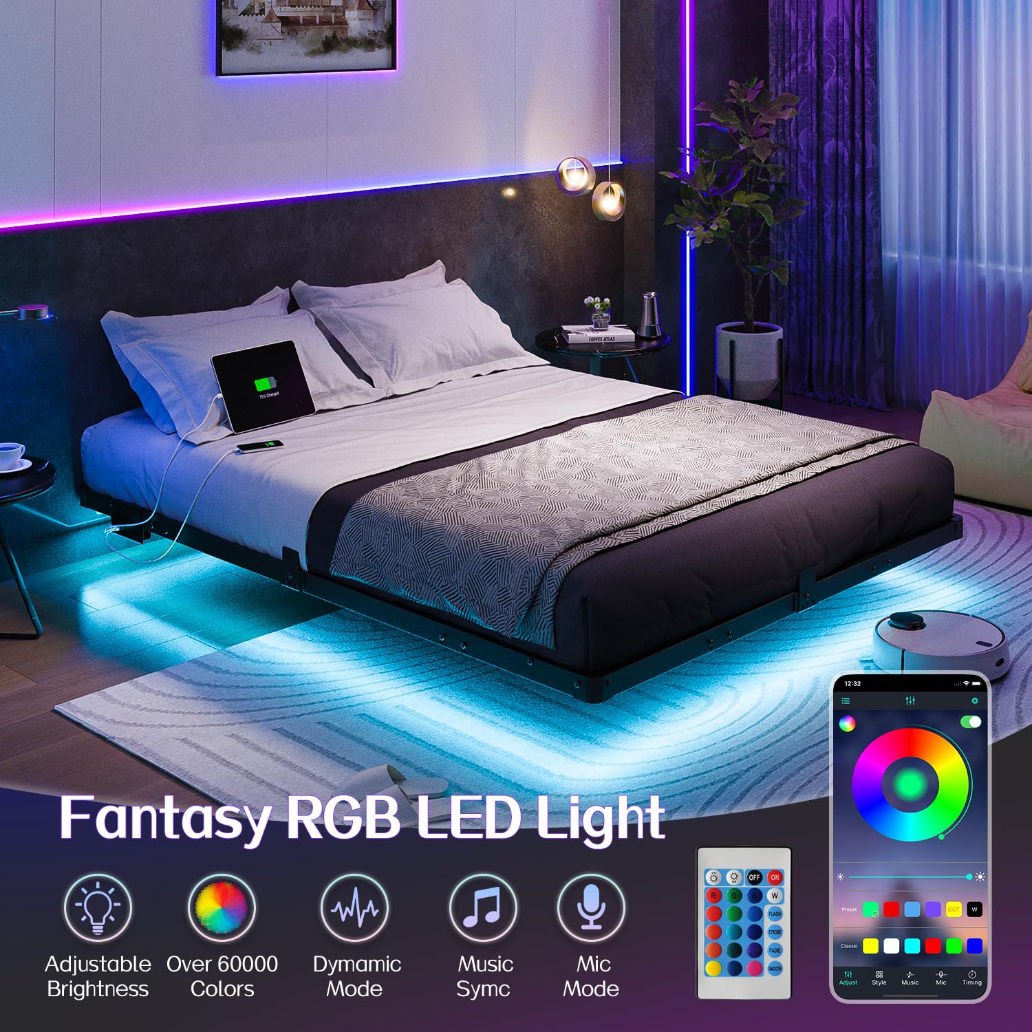 Queen Size Floating Bed Frame with USB Charging Station and LED Lights