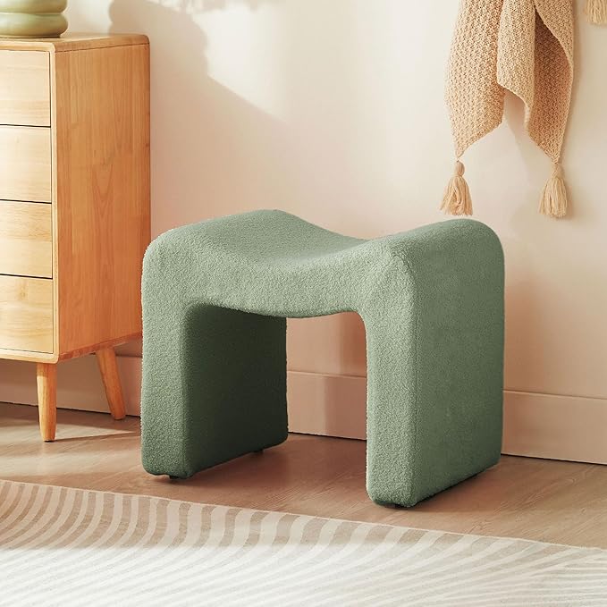 Small Footstool Ottoman Vanity Stool Set White Teddy Velvet 2-in-1