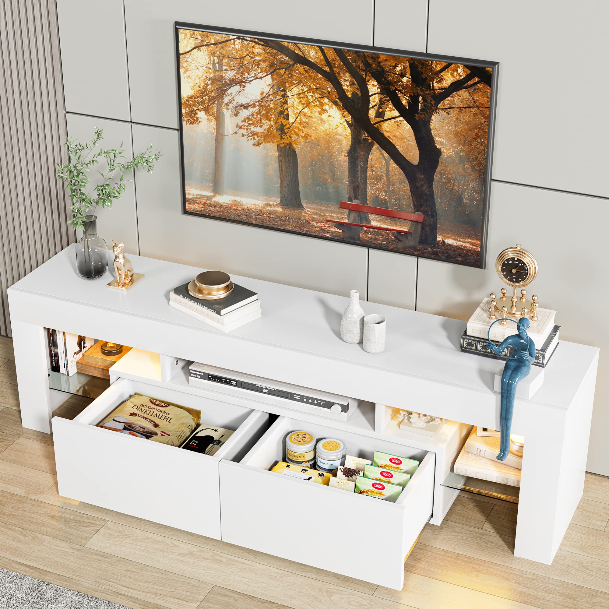 LED TV Stand with Drawer and Glass Shelves for 70 Inch TV