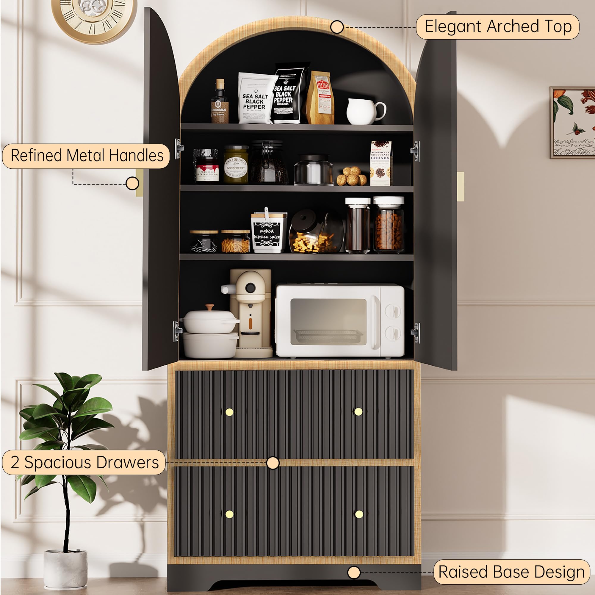 78" Tall Black Arched Cabinet with Fluted Doors