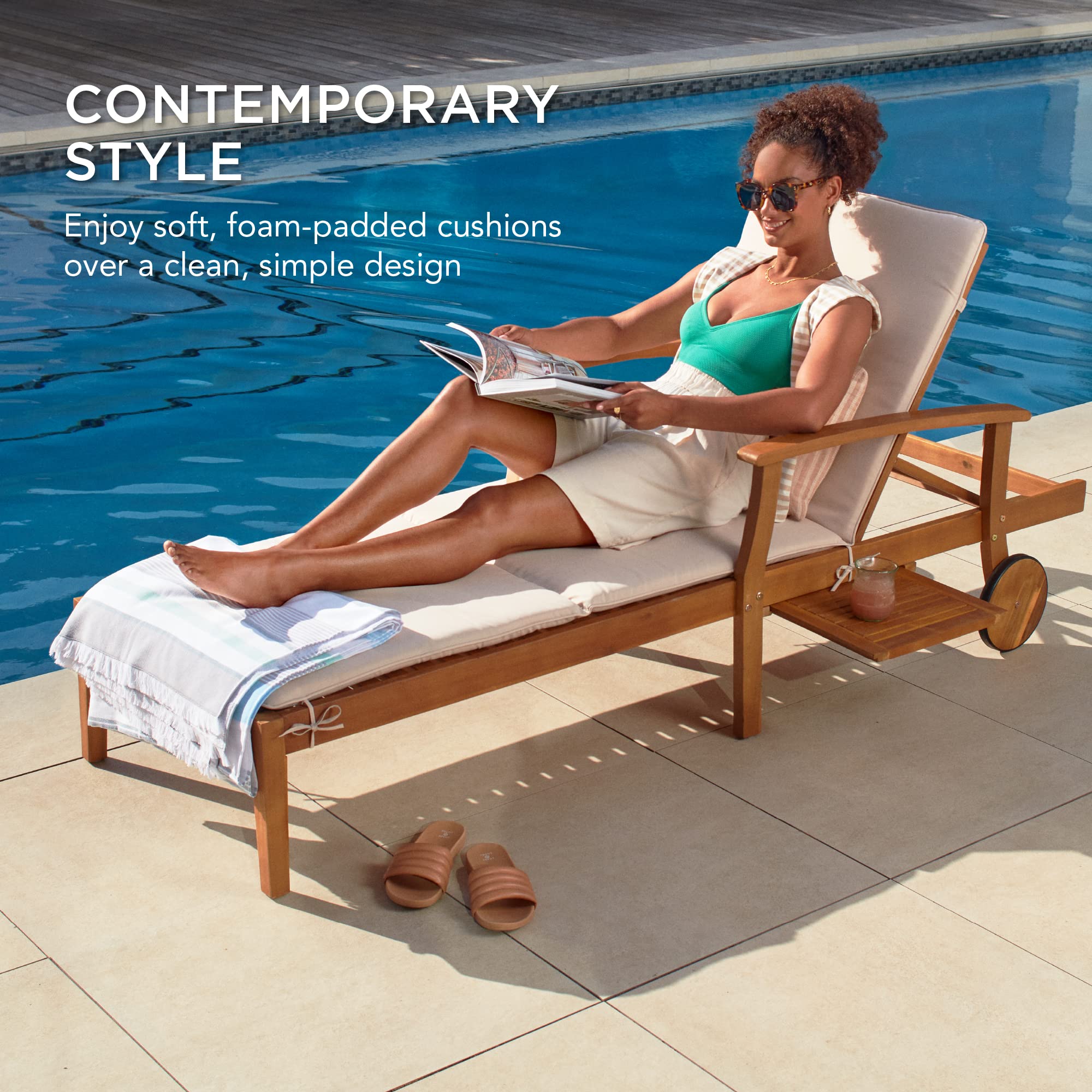 Acacia Wood Chaise Lounge Chair with Adjustable Backrest