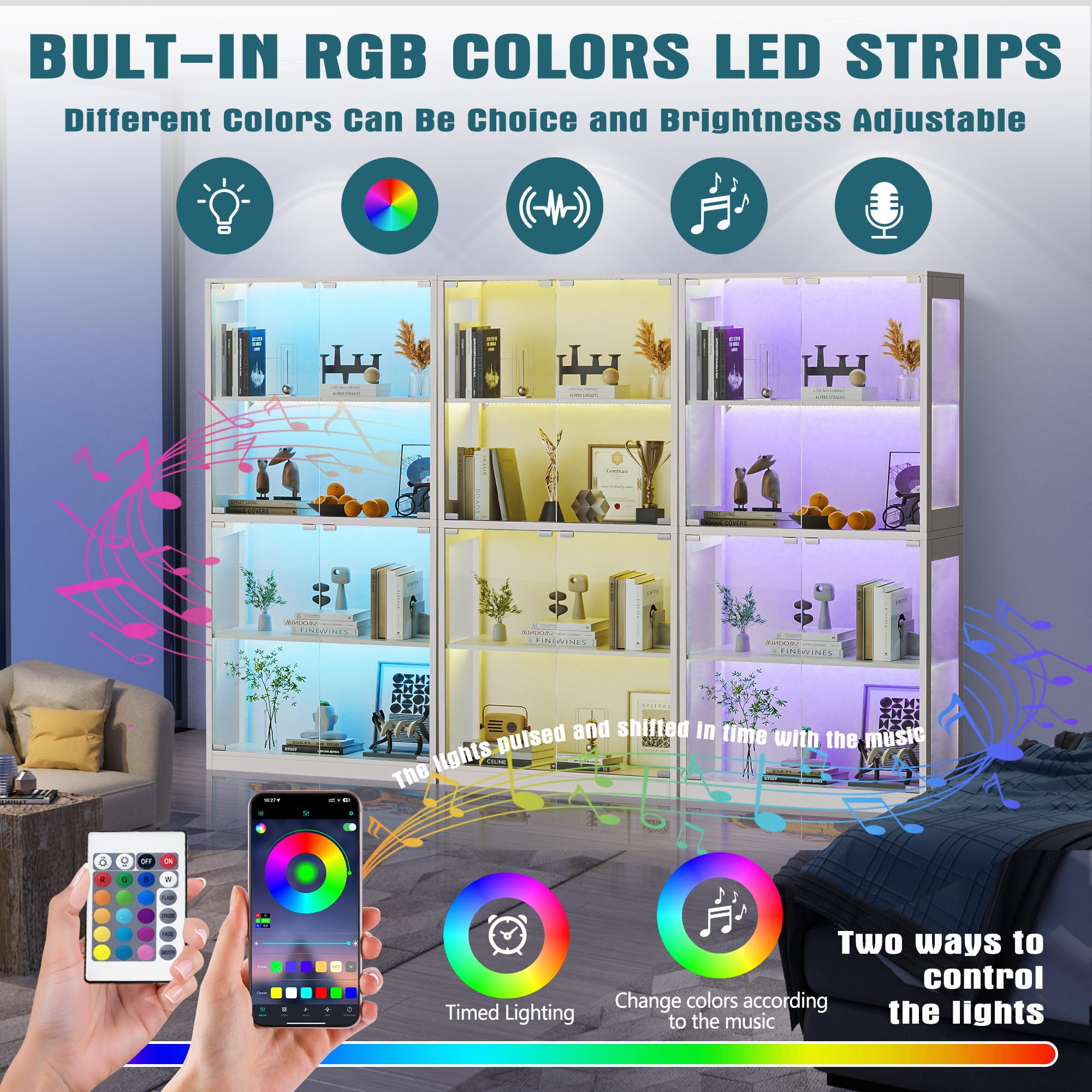 4-Tier Display Cabinet with Glass Doors and LED Lights