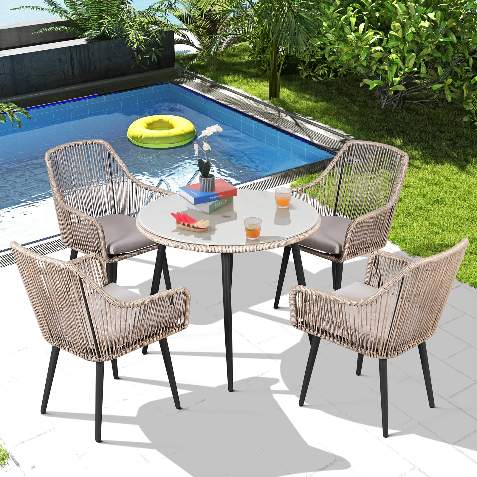 5-Piece Patio Dining Set with Umbrella Hole and Cushioned Chairs