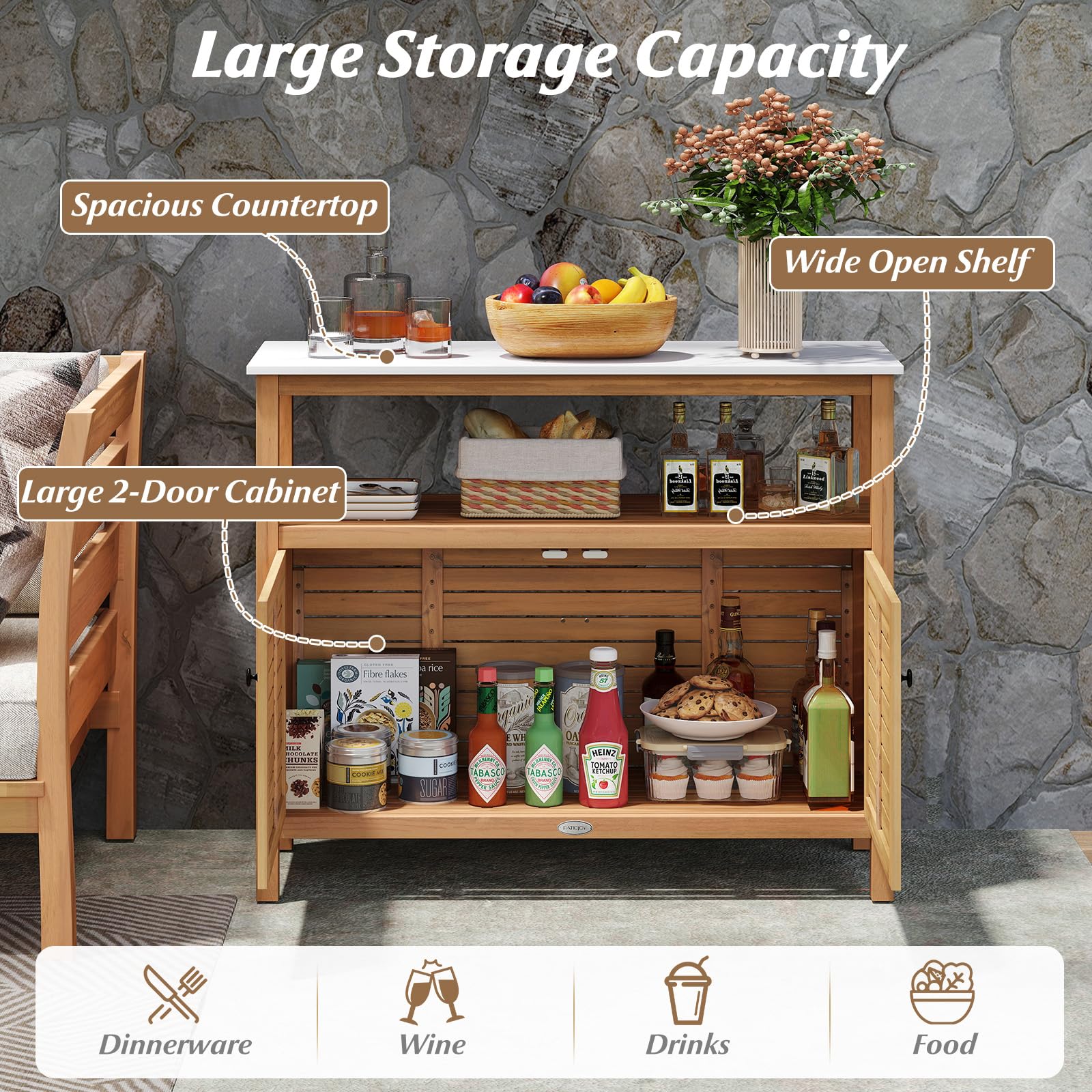 Acacia Wood Patio Storage Cabinet with Marble-Like Countertop