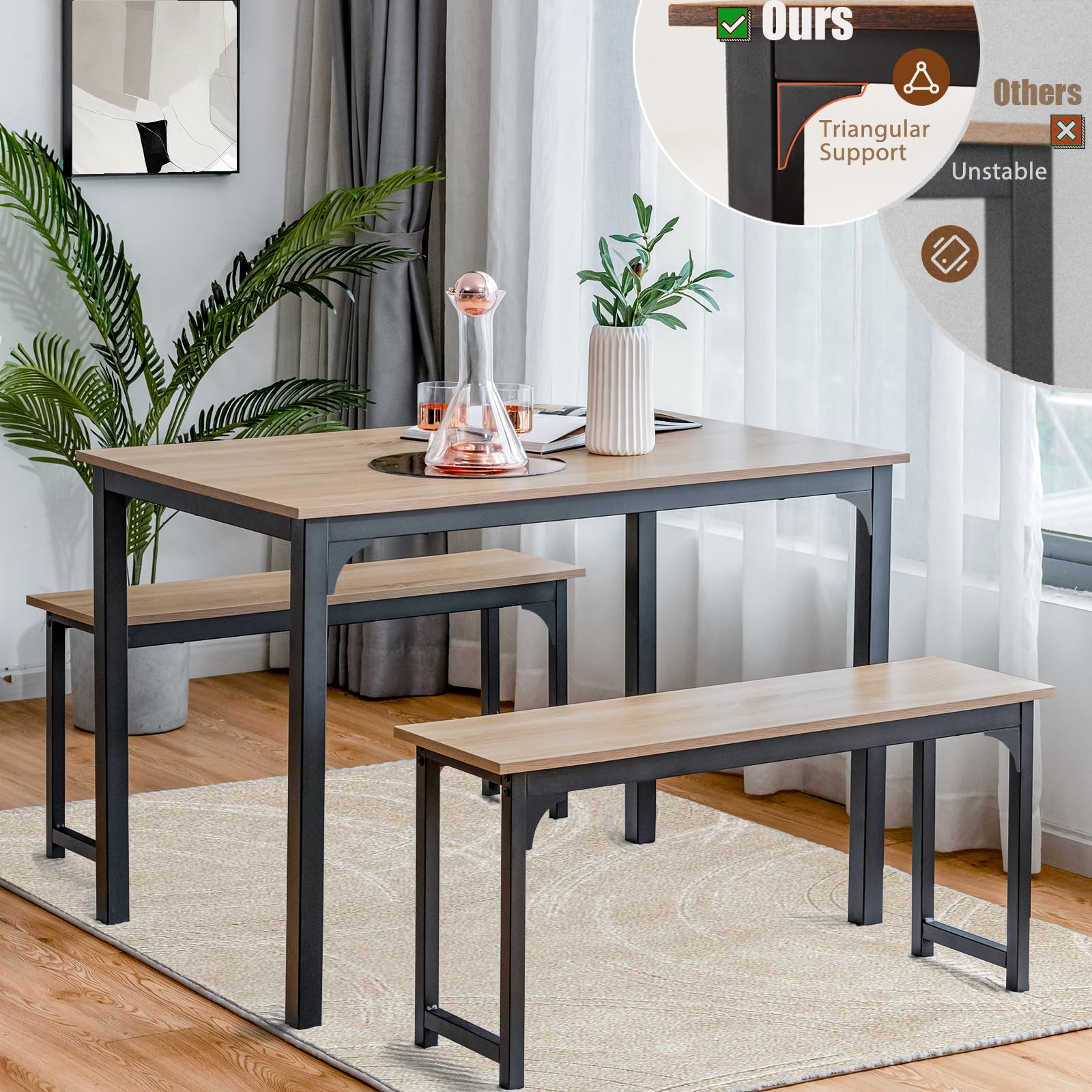 NAFORT 3-Piece Modern Dining Table Set for 4, 43.5" x 27.5" x 29.5", Black, Space-Saving with Under-Bench Storage, MDF Wood & Metal Frame, Ideal for Home & Restaurant
