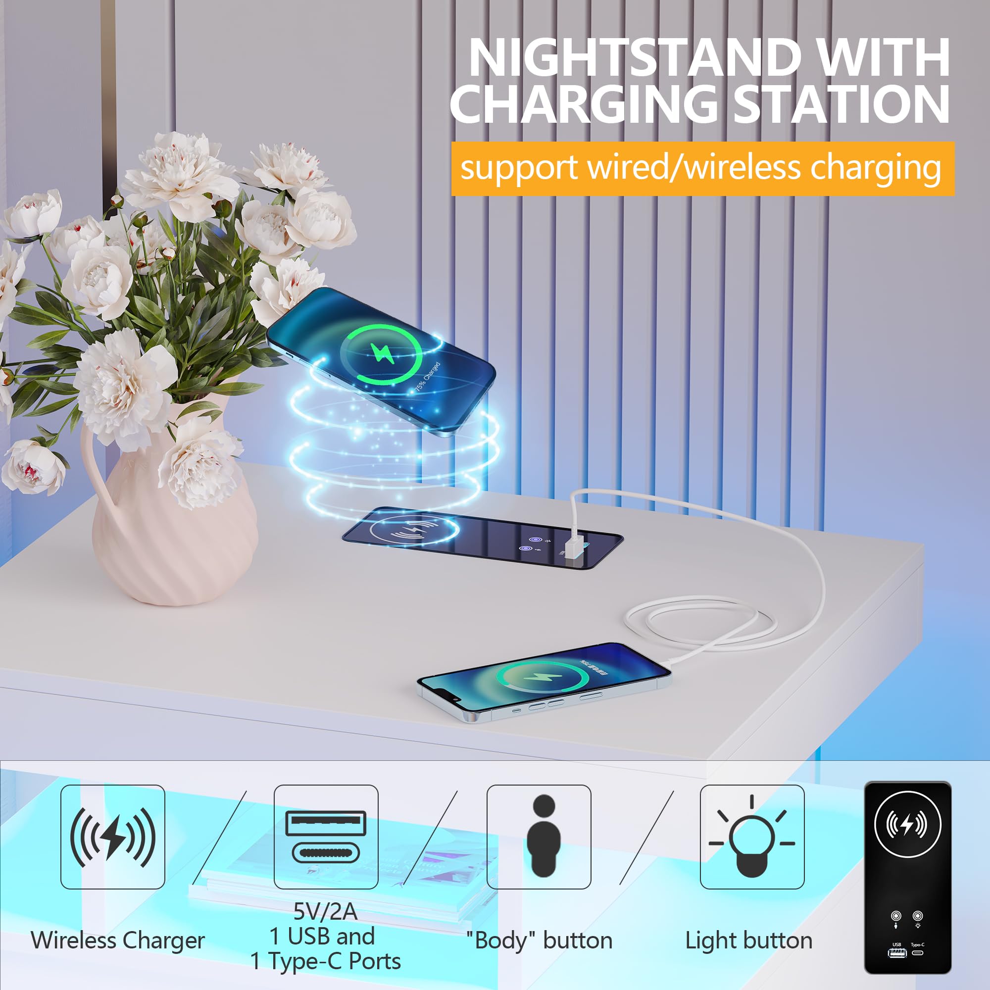 LED Nightstand with Charging Station