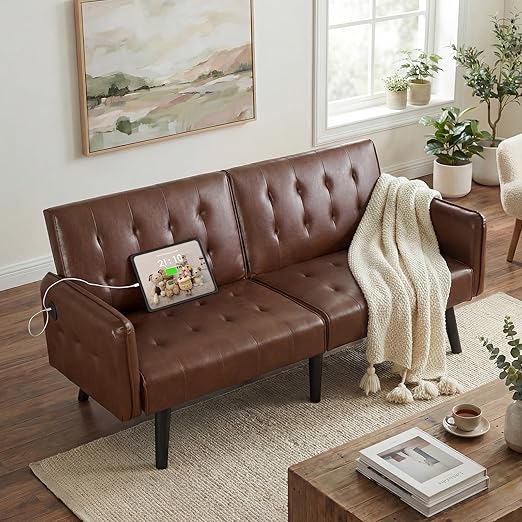 Pink Velvet Convertible Sofa Bed with USB Ports