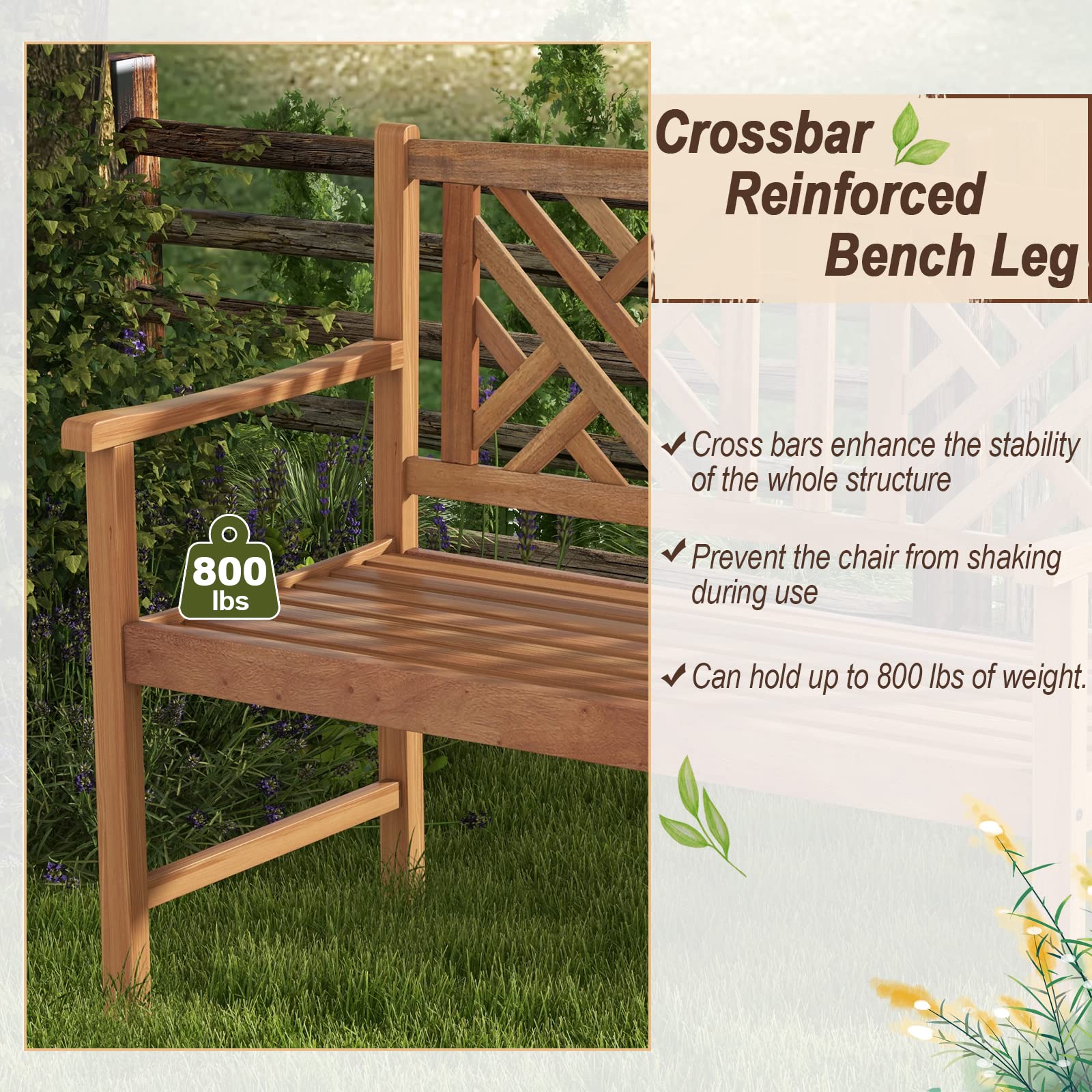Acacia Wood Garden Bench 2-Person Loveseat with Armrests