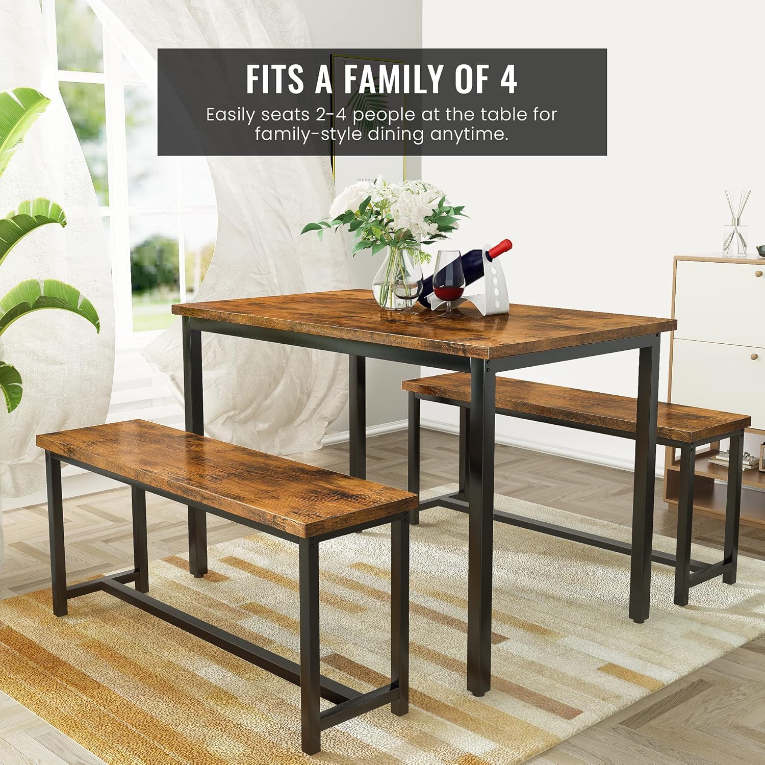 3-Piece Dining Table Set with Benches