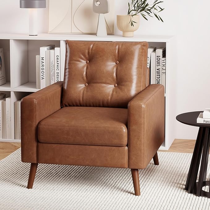 Mid Century Modern Armchair Set of 2 Button Tufted Faux Leather