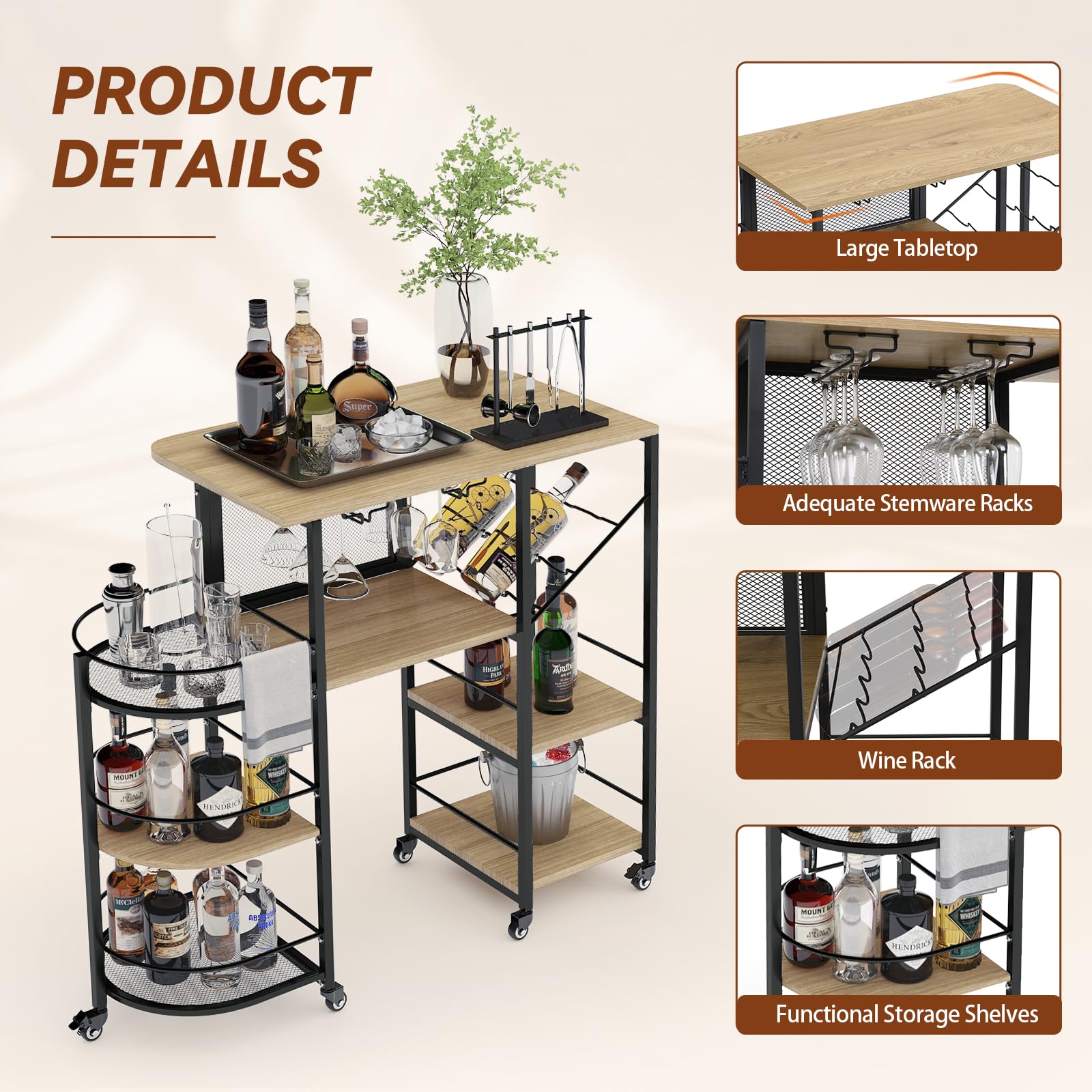 Bar Cart with Wine Rack and Glass Holder