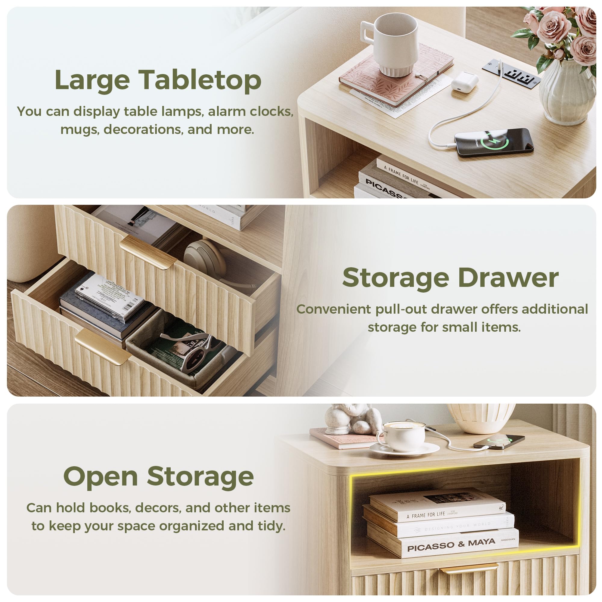 Fluted Nightstand Set with Charging Station