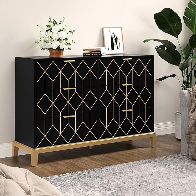 48" Modern Dresser with 6 Drawers and Gold Lines
