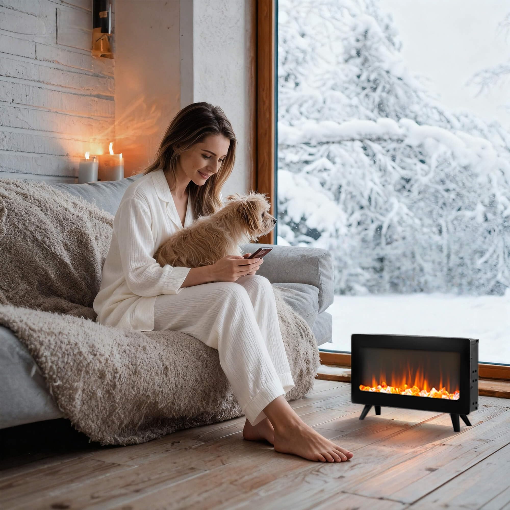 16" Freestanding Electric Fireplace Heater with 3D Flame