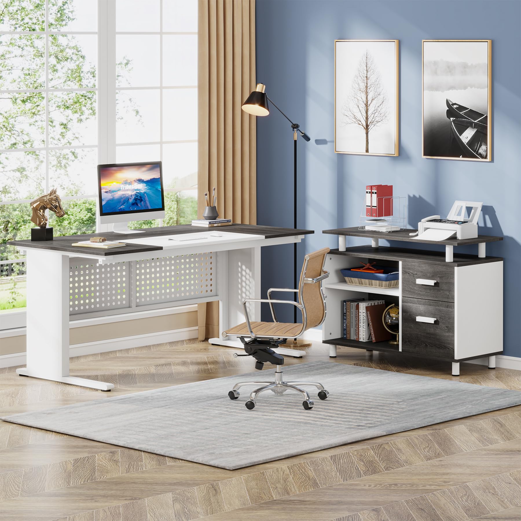 63 Inch L-Shaped Executive Desk with File Cabinet and Storage Shelves