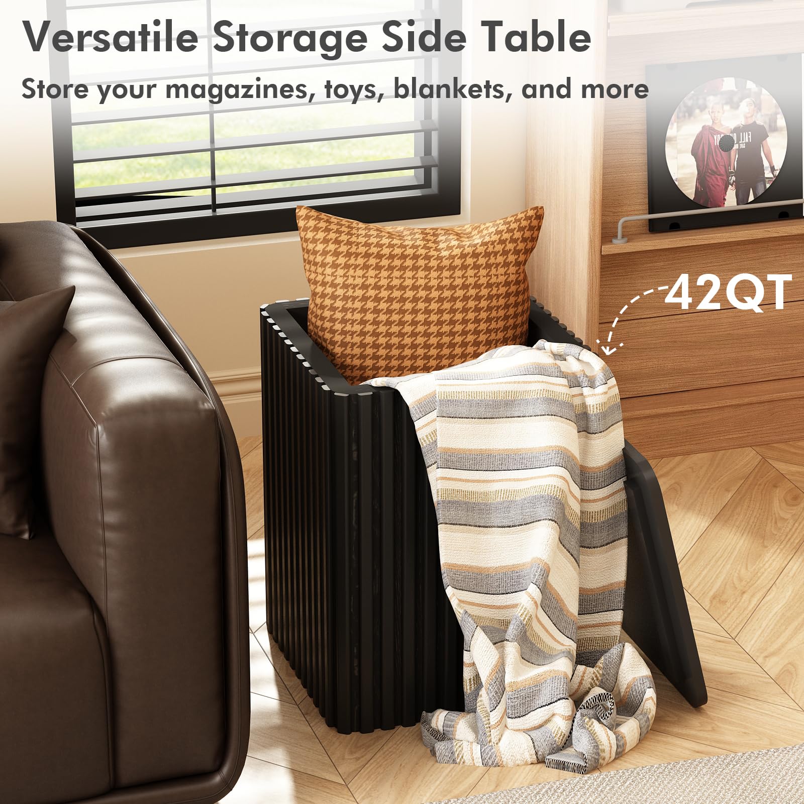 HOKYHOKY Fluted Side Table with Storage-Small Square End Table with Solid Wood Veneer Top, Accent Tables Modern Farmhouse Pedestal Drink Tables for Couch Sofa Living Room,Black