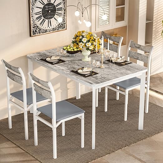 5-Piece Dining Table Set for 4 with Solid Wood Chairs