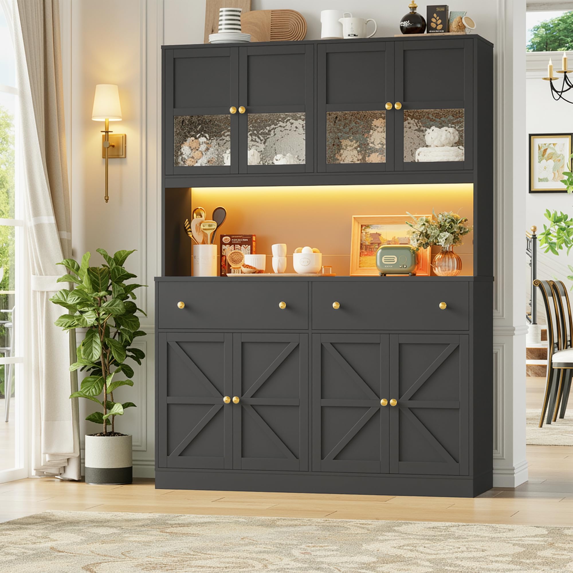 71" Pantry Cabinet with LED Light and Charging Station