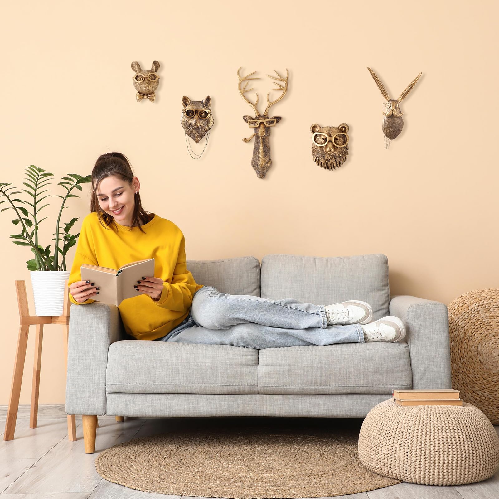 5 Pack Animal Head Wall Decor Gold Sculpture Set