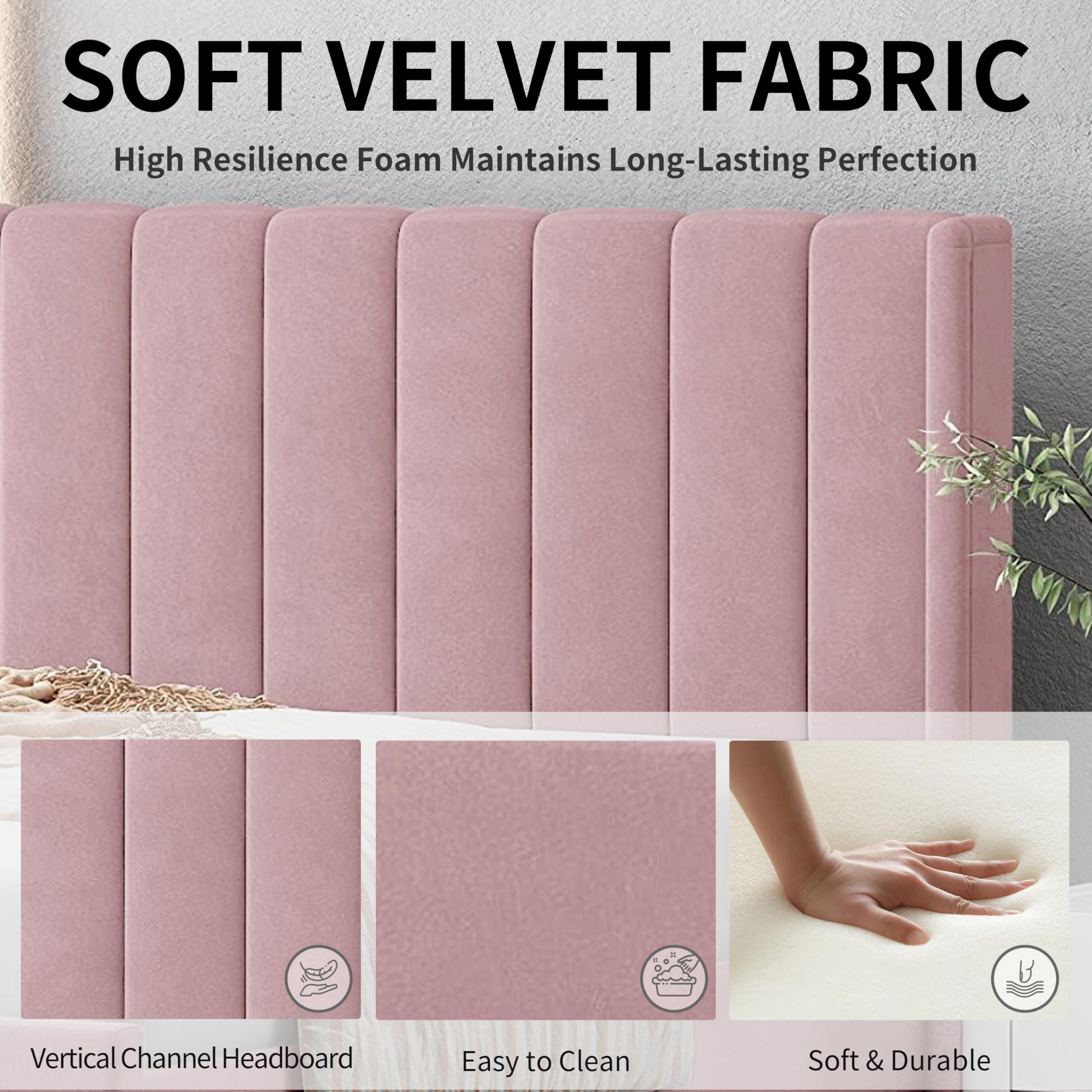 Pink Full Size Upholstered Platform Bed Frame with Wingback Headboard