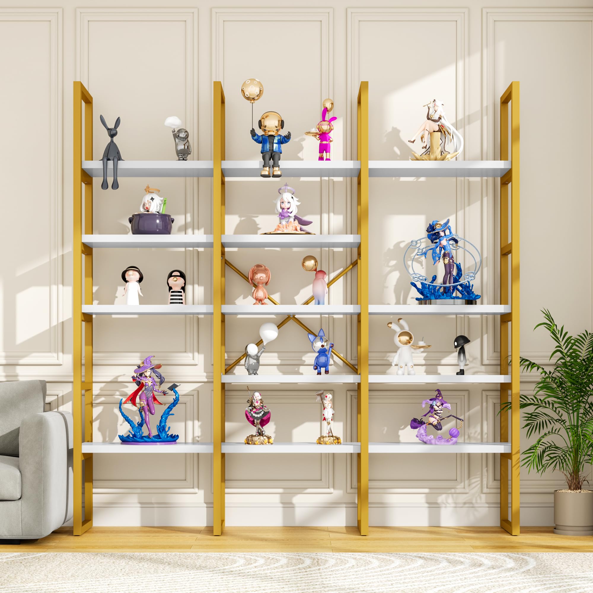 5-Tier Geometric Bookcase 71 Inches Tall Gold and White
